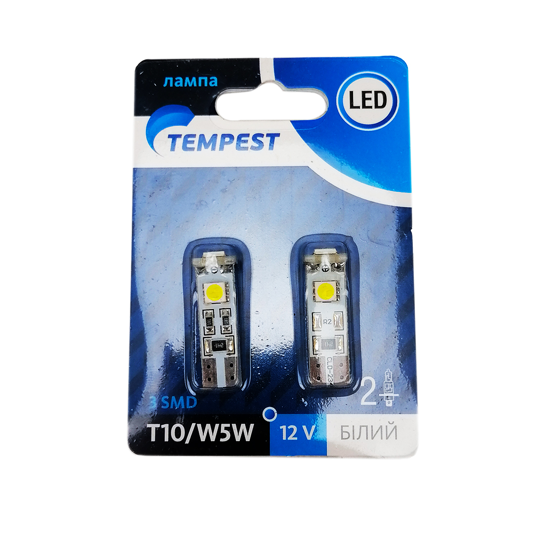 Лампа б/ц LED Т10 12V (компл. 2 шт) 3 диода белая дополнительное сопротивление Tempest