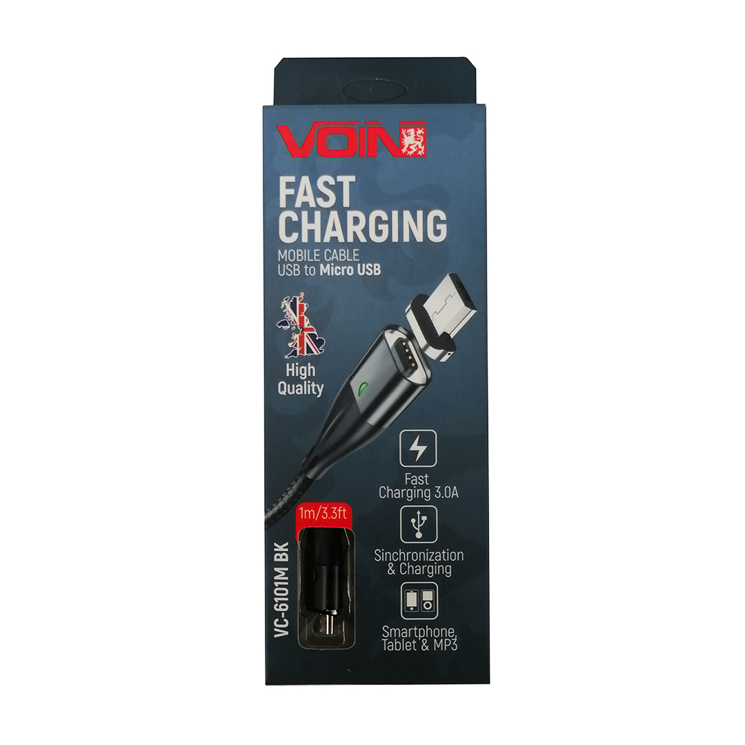 Кабель магнитный USB - Micro USB 3А Black 1м (быстрая зарядка/передача данных) Voin