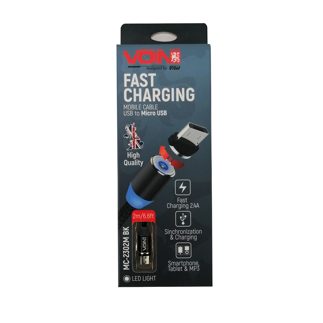 Кабель магнитный USB - Micro USB 2,4А Black 2м (только зарядка) Voin